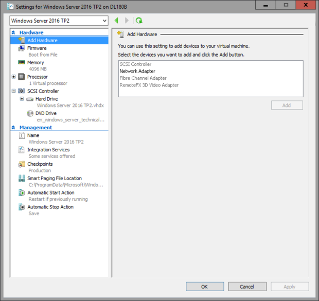 Windows server 2016 hardware settings